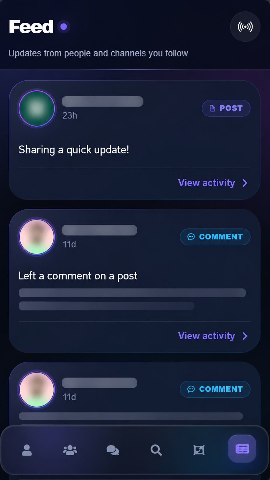 Folcen activity feed interface
