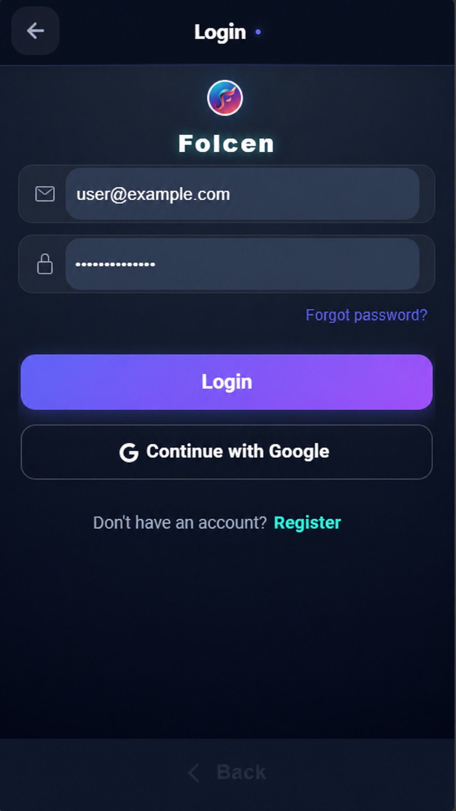 Folcen login interface